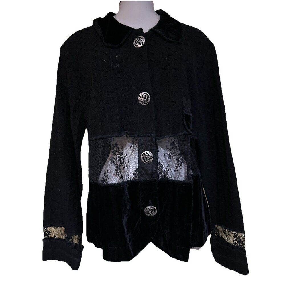Witchy Jacket Womens L Black Velvet Patchwork Lace Crop Peek WhimsiGoth Fairy